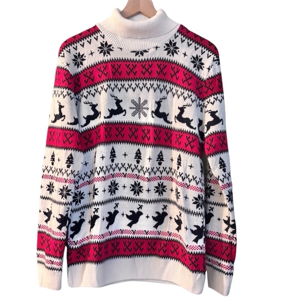 Women's Boohoo red white Christmas Holiday fair isle turtleneck sweater size lg